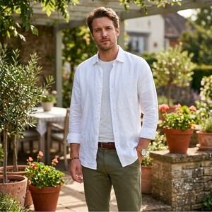 Raffi Mens Pure Linen 100% Button Down Shirt White Long Sleeve Size Medium